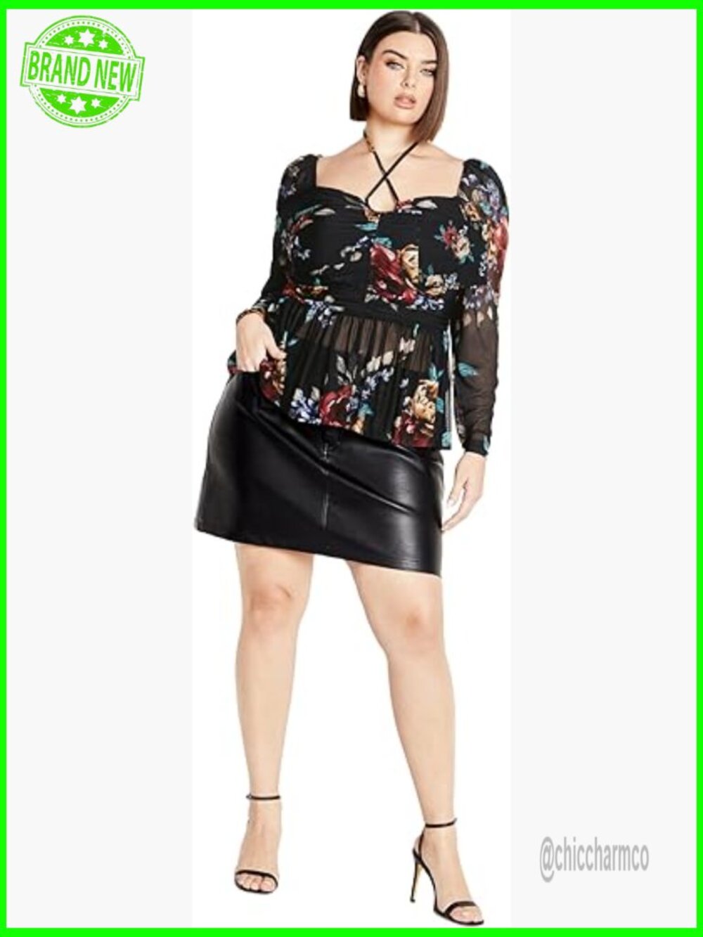 Plus Size Mesh Print Top with Sheer Sleeves